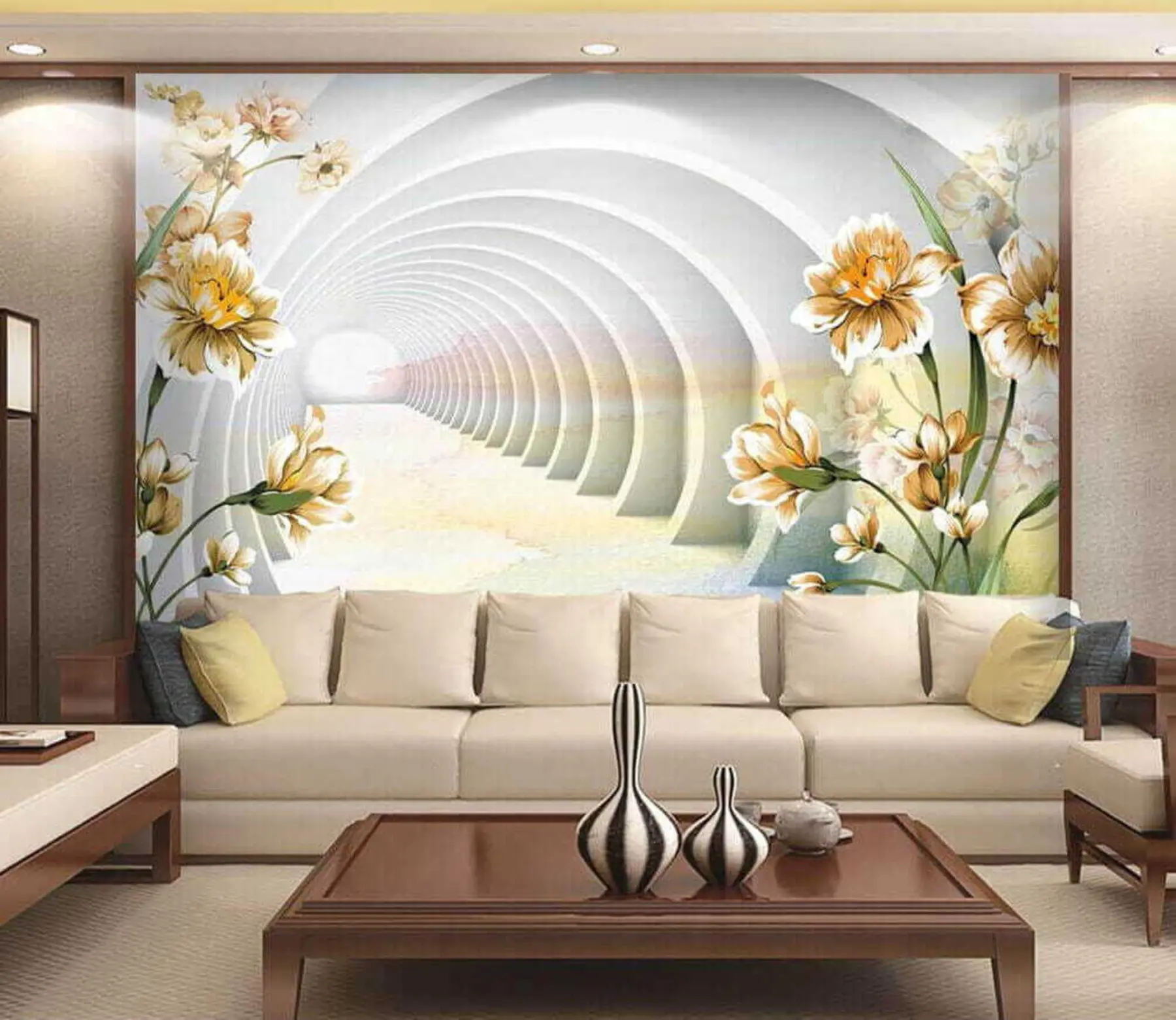 murais de parede Túnel 3D e flores u04401