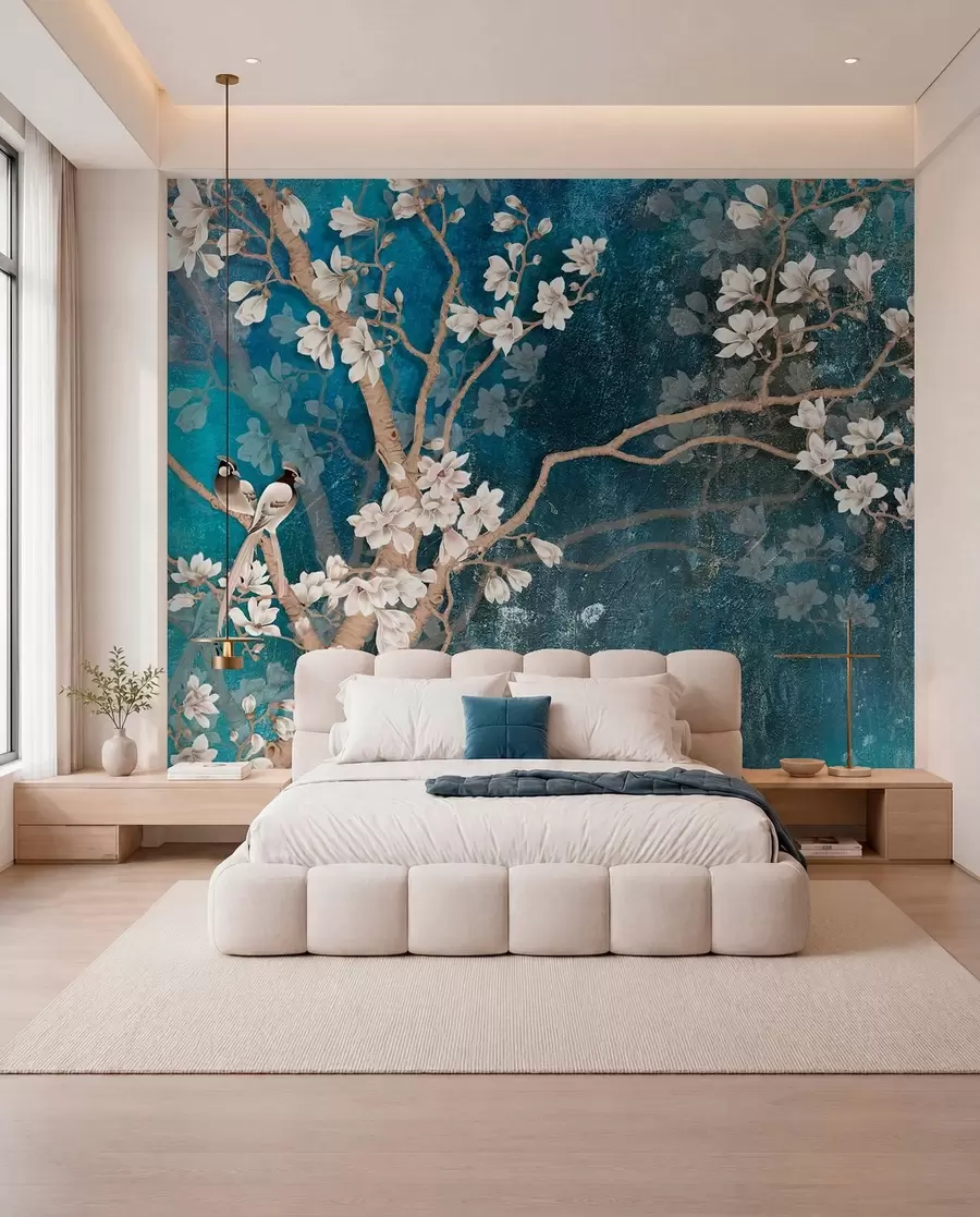 murais de parede Aves e flores sobre azul u12150