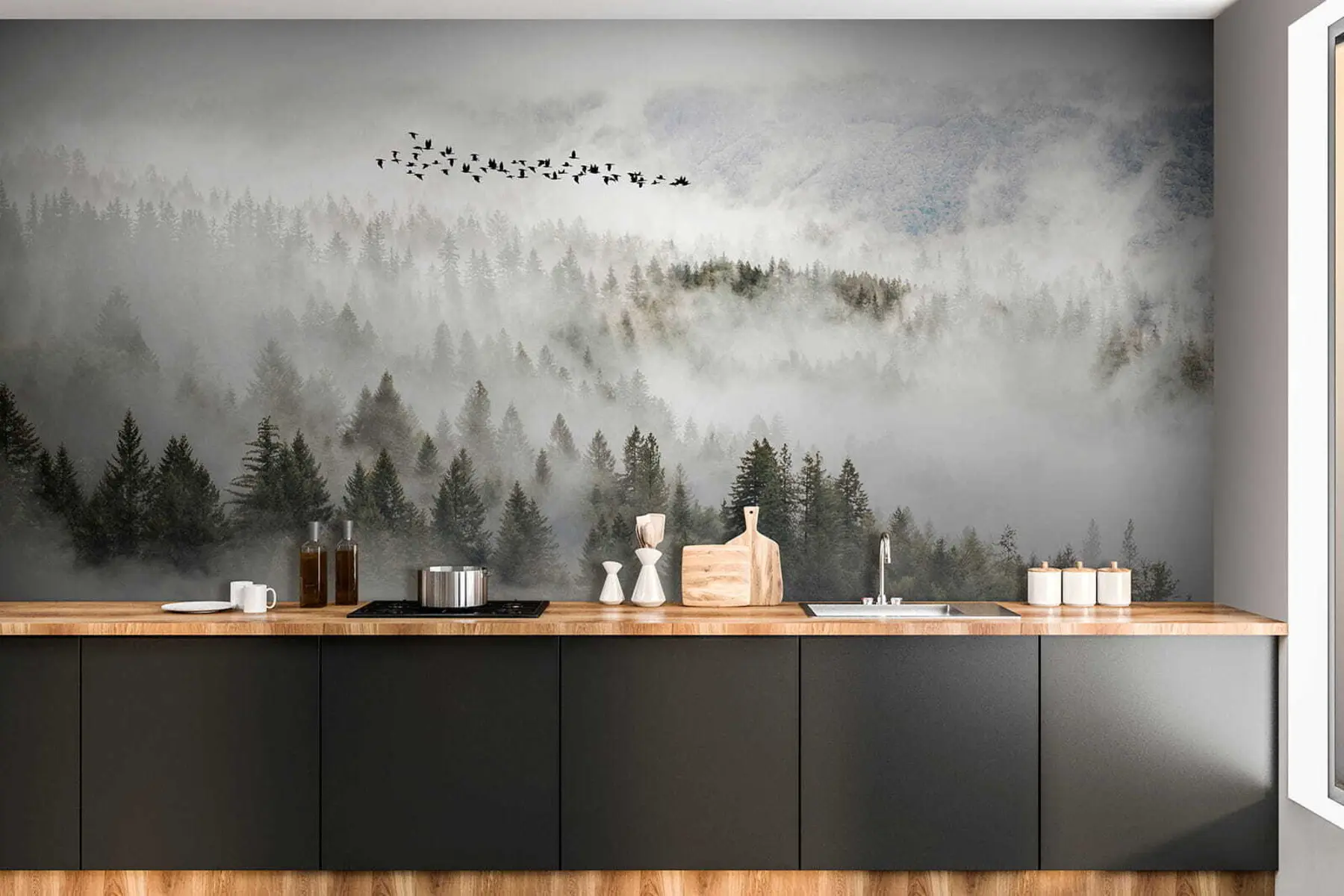 murais de parede Floresta de nevoeiro e pássaros u13823