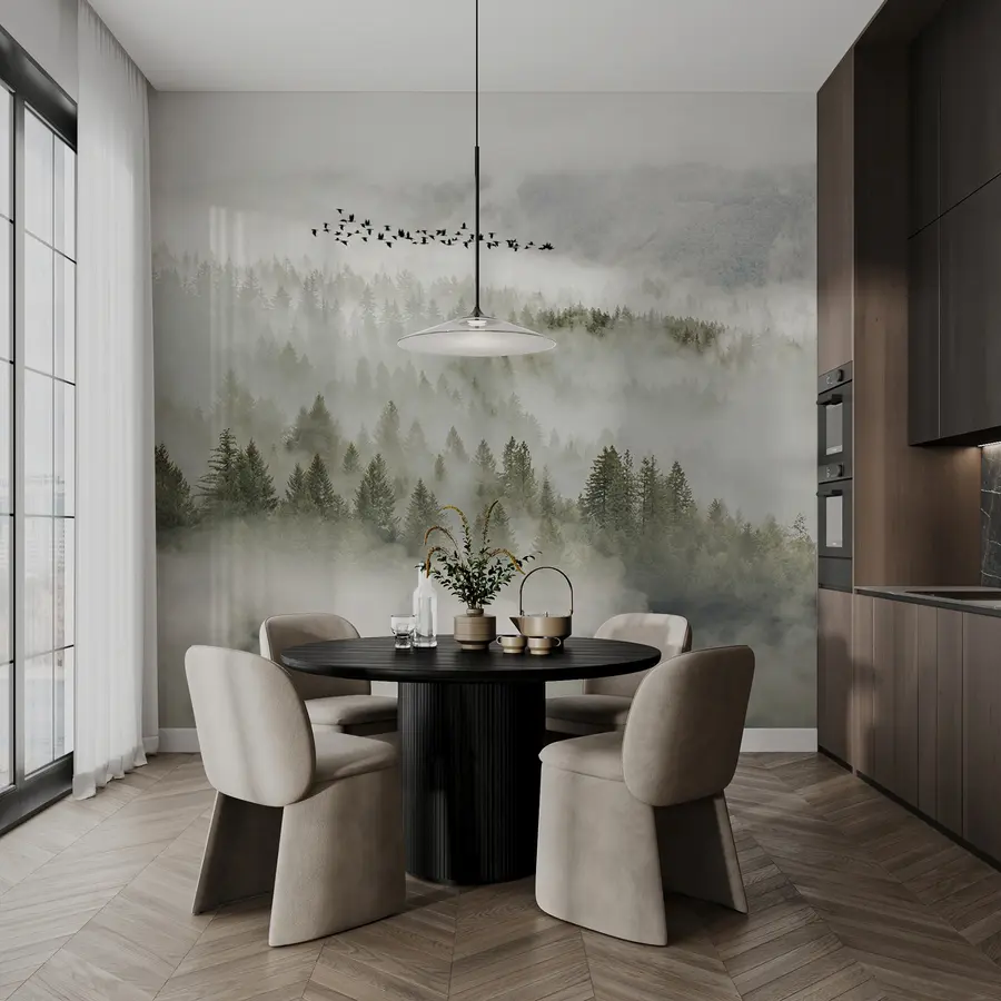 murais de parede Floresta de nevoeiro e pássaros u13823