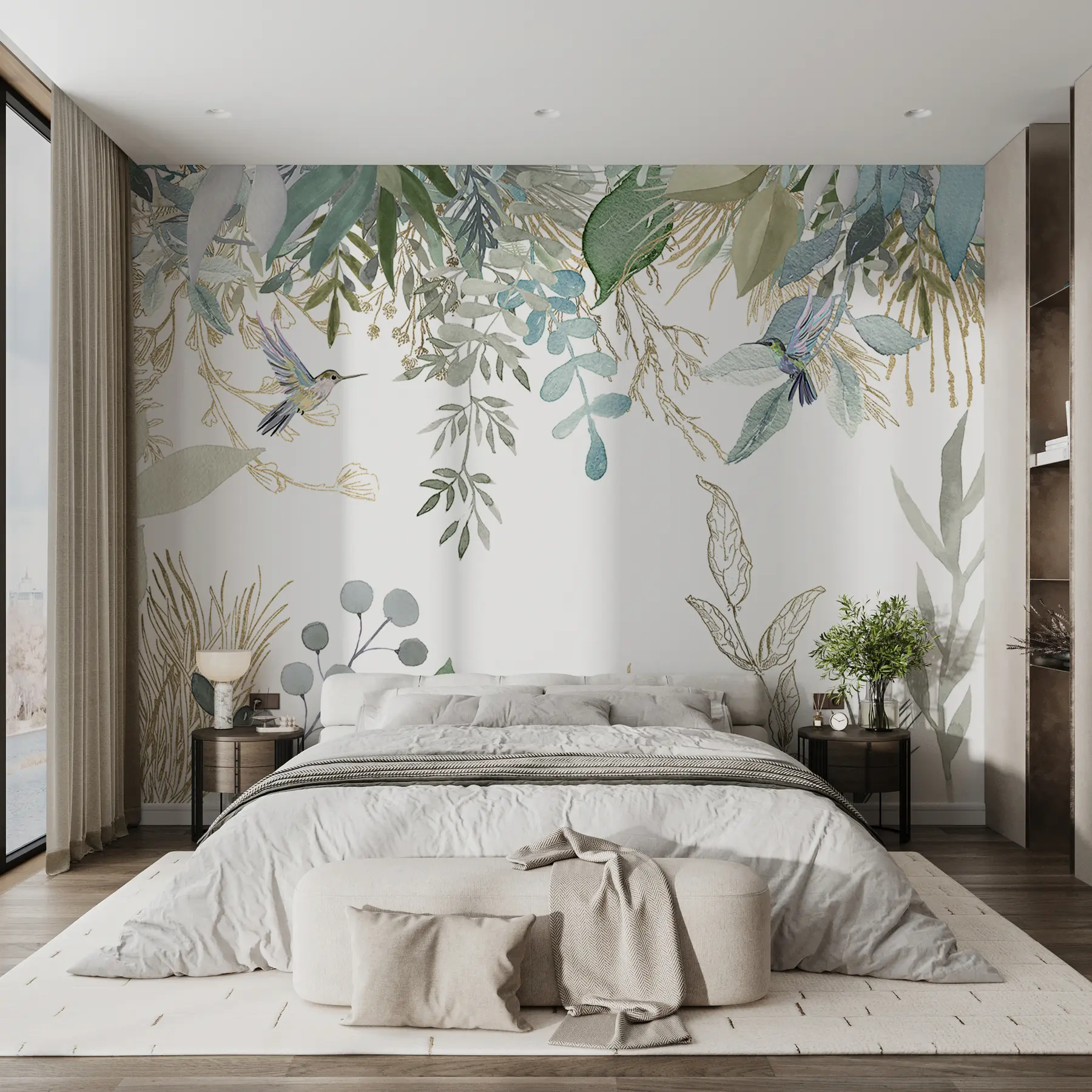 murais de parede Plantas exóticas e beija-flores u17579