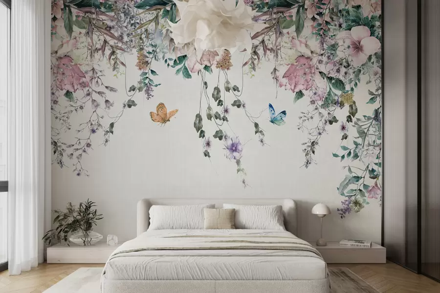 murais de parede Flores exóticas e borboletas u30601