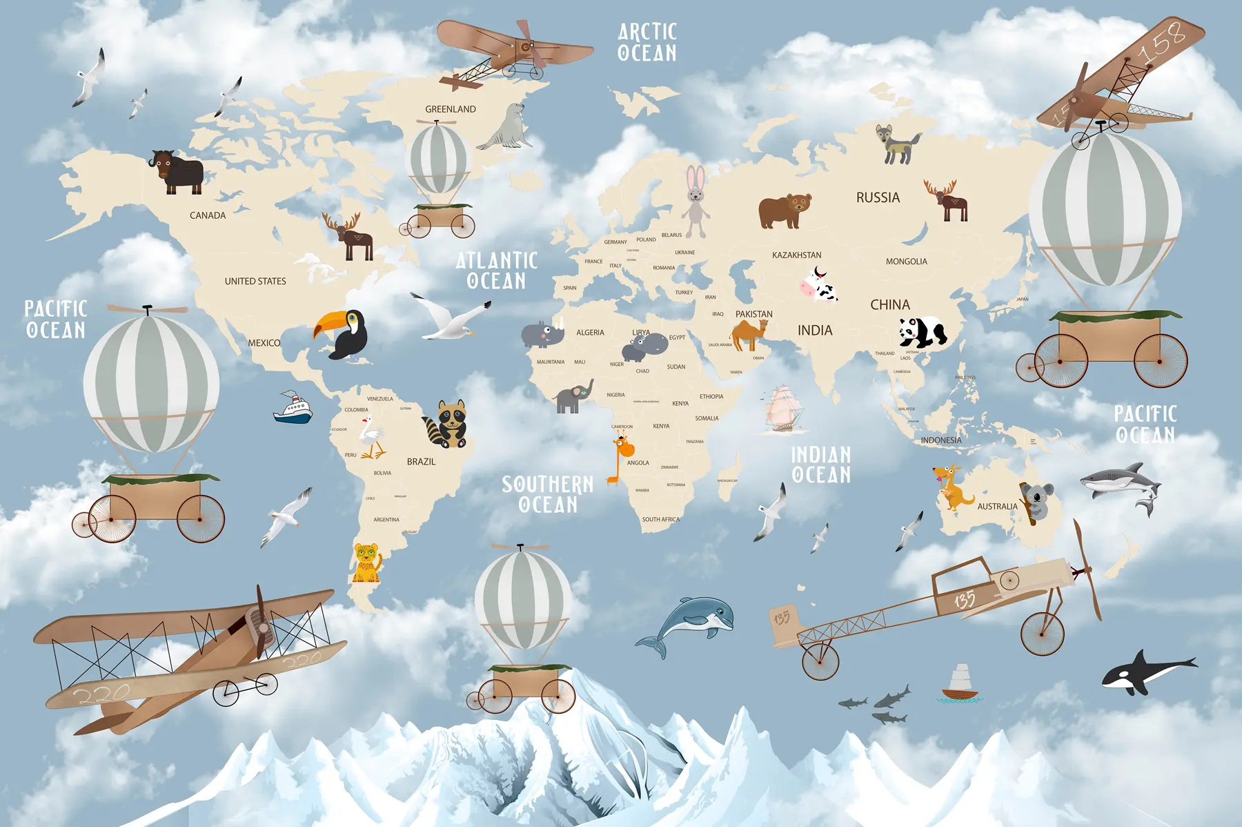 murais de parede Mapa do mundo com animais u48123
