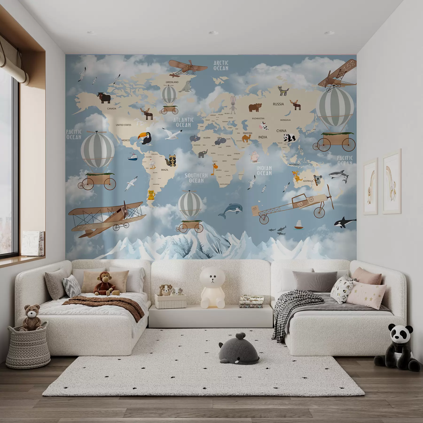 murais de parede Mapa do mundo com animais u48123