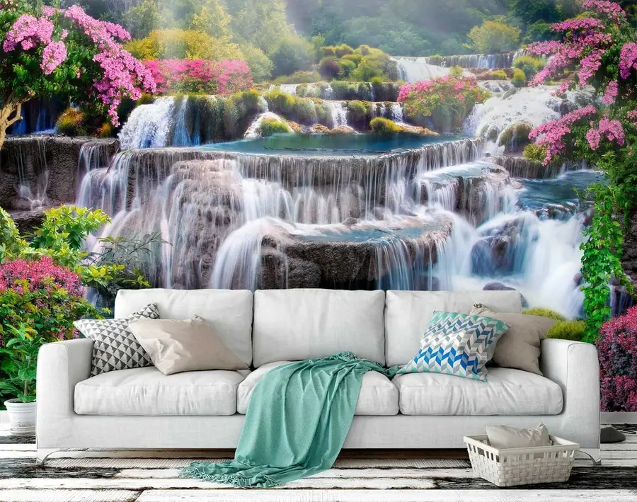 murais de parede Cachoeira e árvores floridas u60065