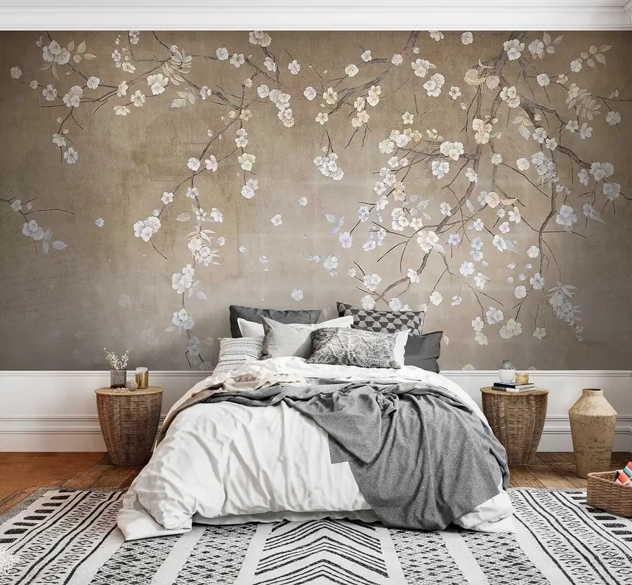 murais de parede Árvore florida em uma parede surrada u61369