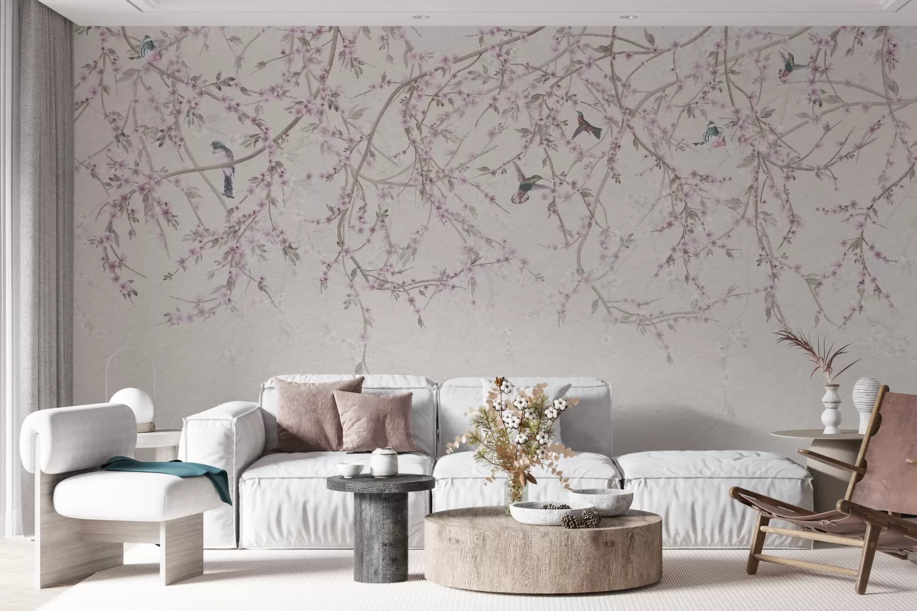 murais de parede Ramos florais e pássaros em cores leitosas u58941v2