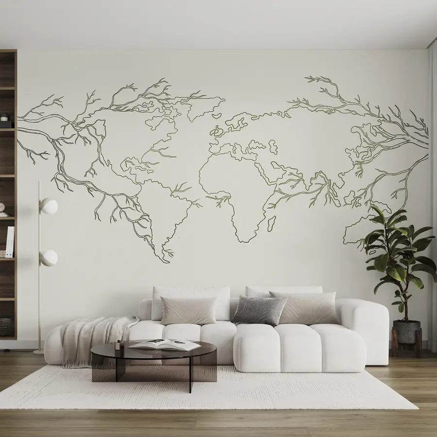 murais de parede Mapa-mundo, ramos de árvores, desenho de linhas, minimalismo, natureza, verde u99731v1