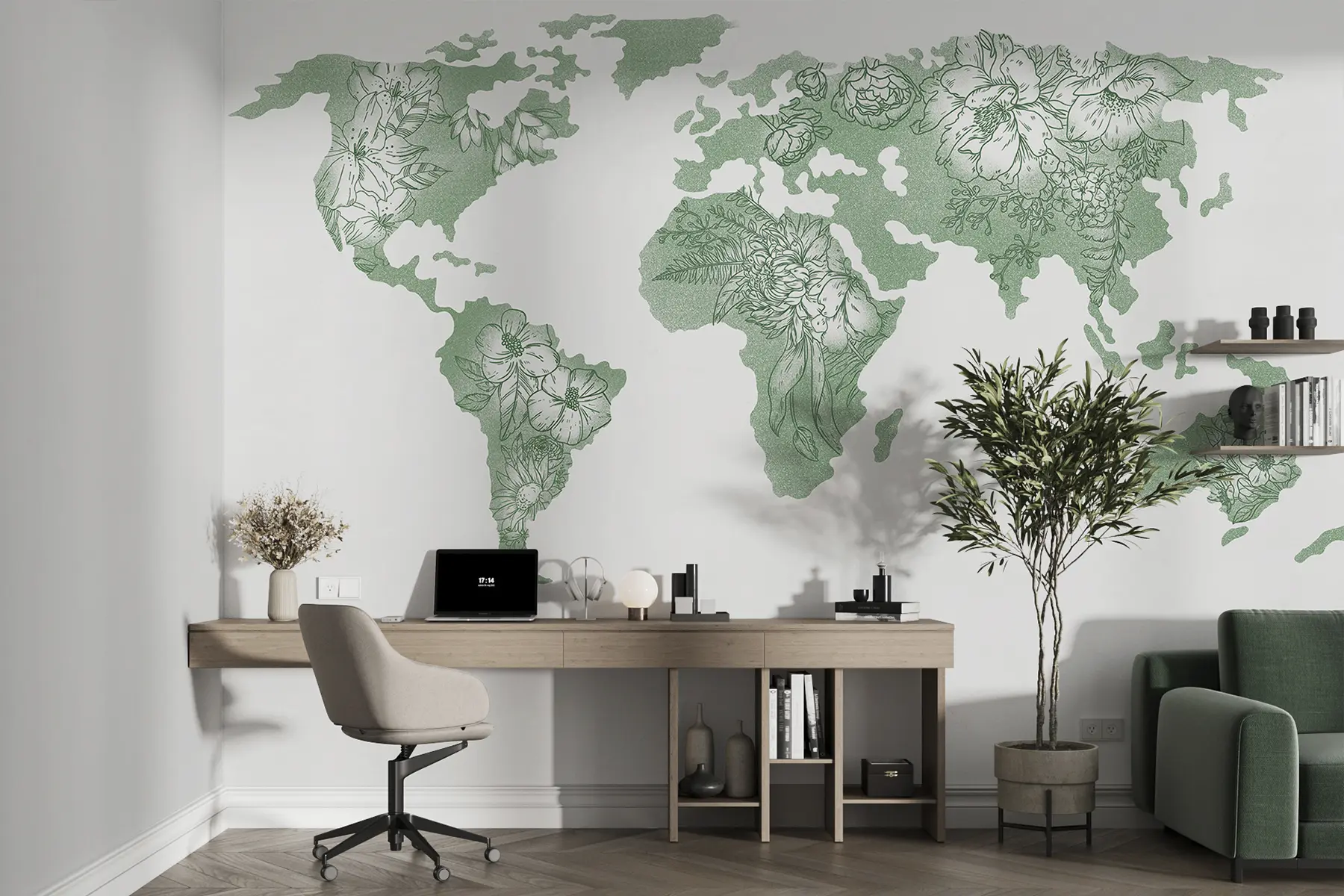 murais de parede Mapa-mundo floral, ornamental, peónias, lírio, cor verde, desenho a traço u99734v3