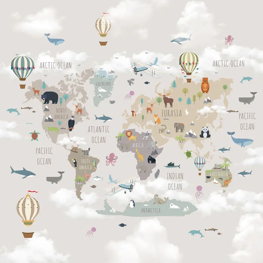 murais de parede Mapa-mundo com animais e balões u96461d1