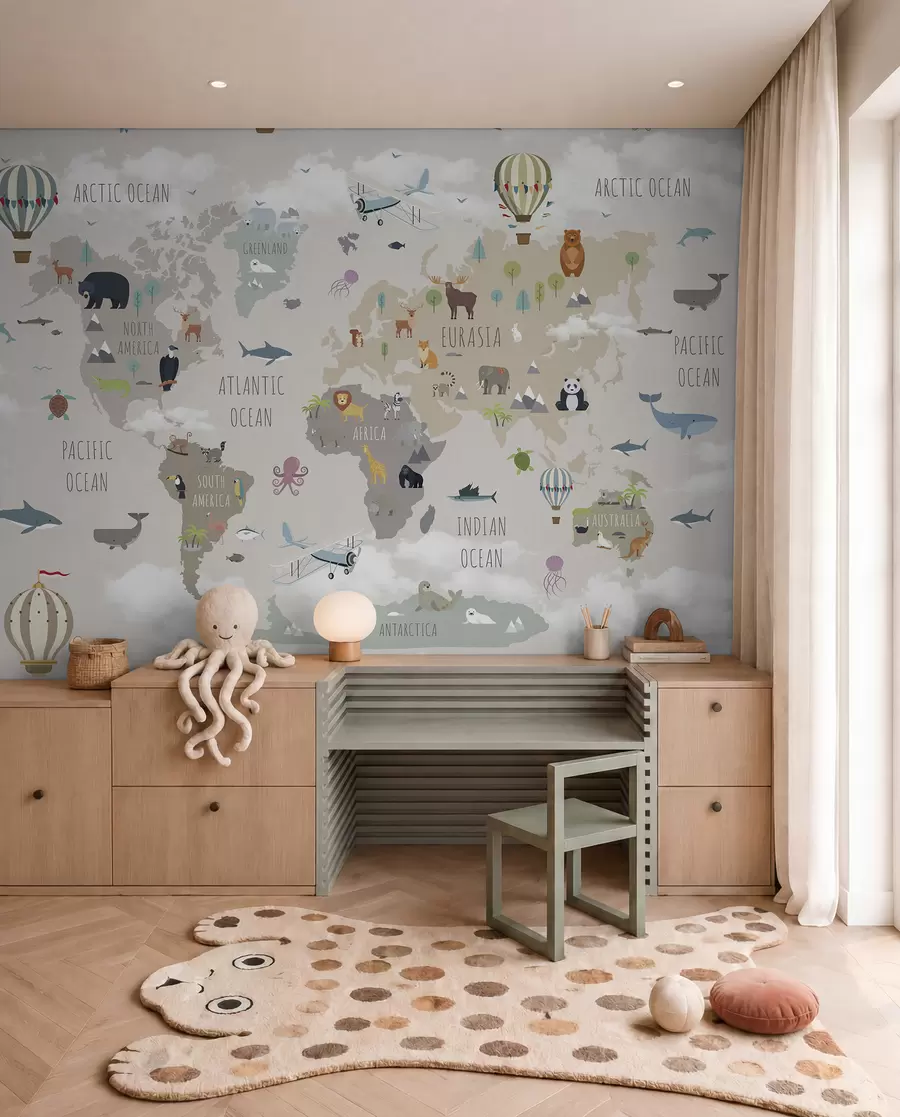 murais de parede Mapa-mundo com animais e balões u96461d1