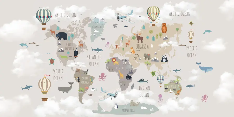 murais de parede Mapa-mundo com animais e balões u96461d2