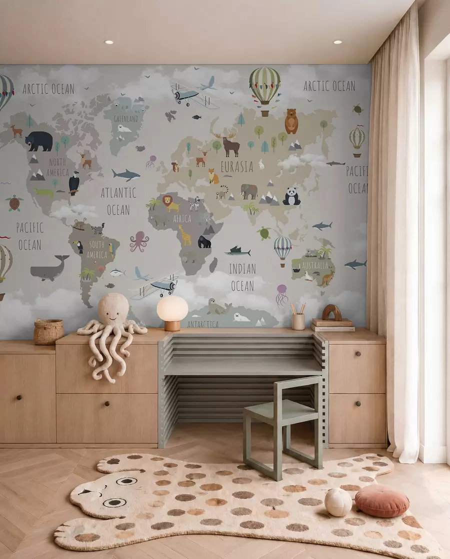 murais de parede Mapa-mundo com animais e balões u96461d2