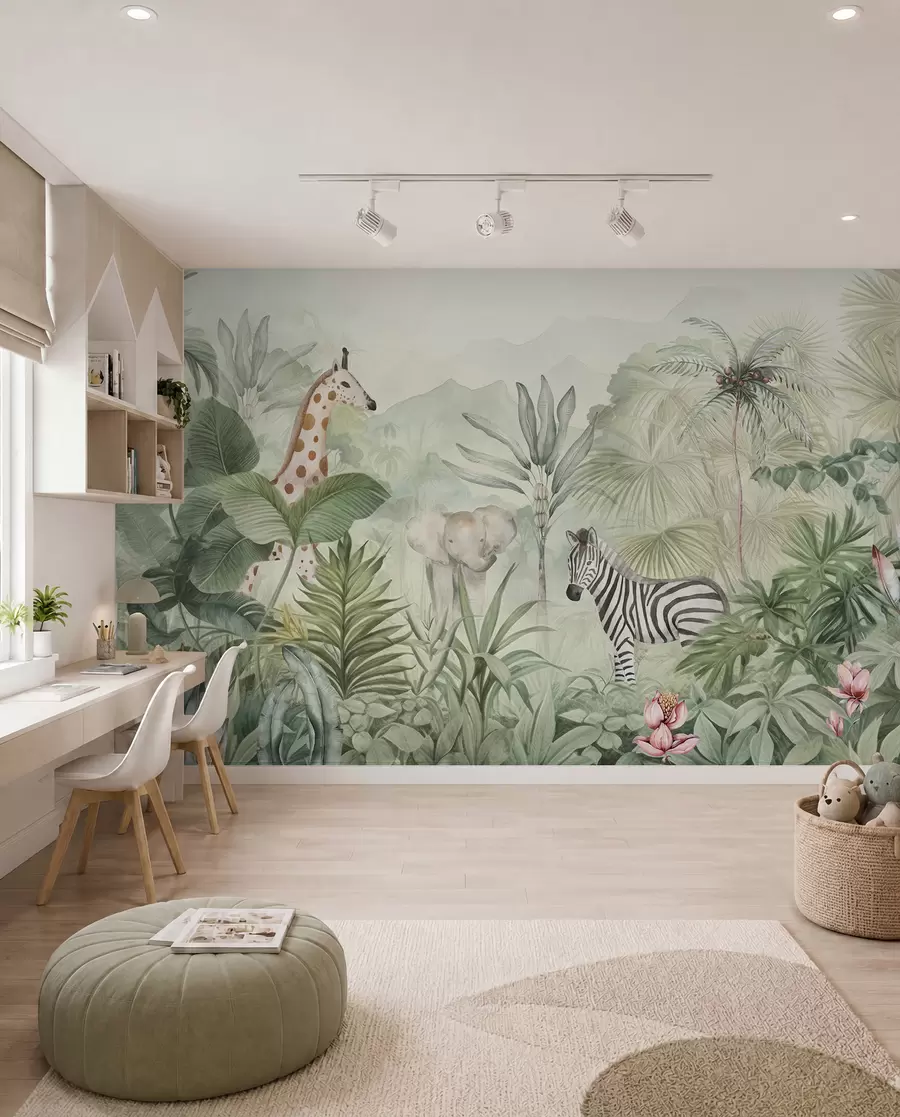 murais de parede Floresta na selva, palmeiras, girafa, elefante, zebra, aguarela, vegetação, bananeira, flores w00089