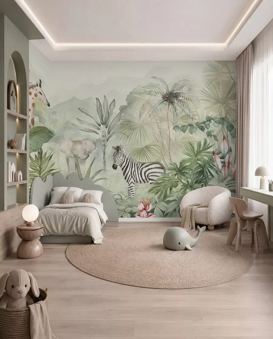 murais de parede Floresta na selva, palmeiras, girafa, elefante, zebra, aguarela, vegetação, bananeira, flores w00089