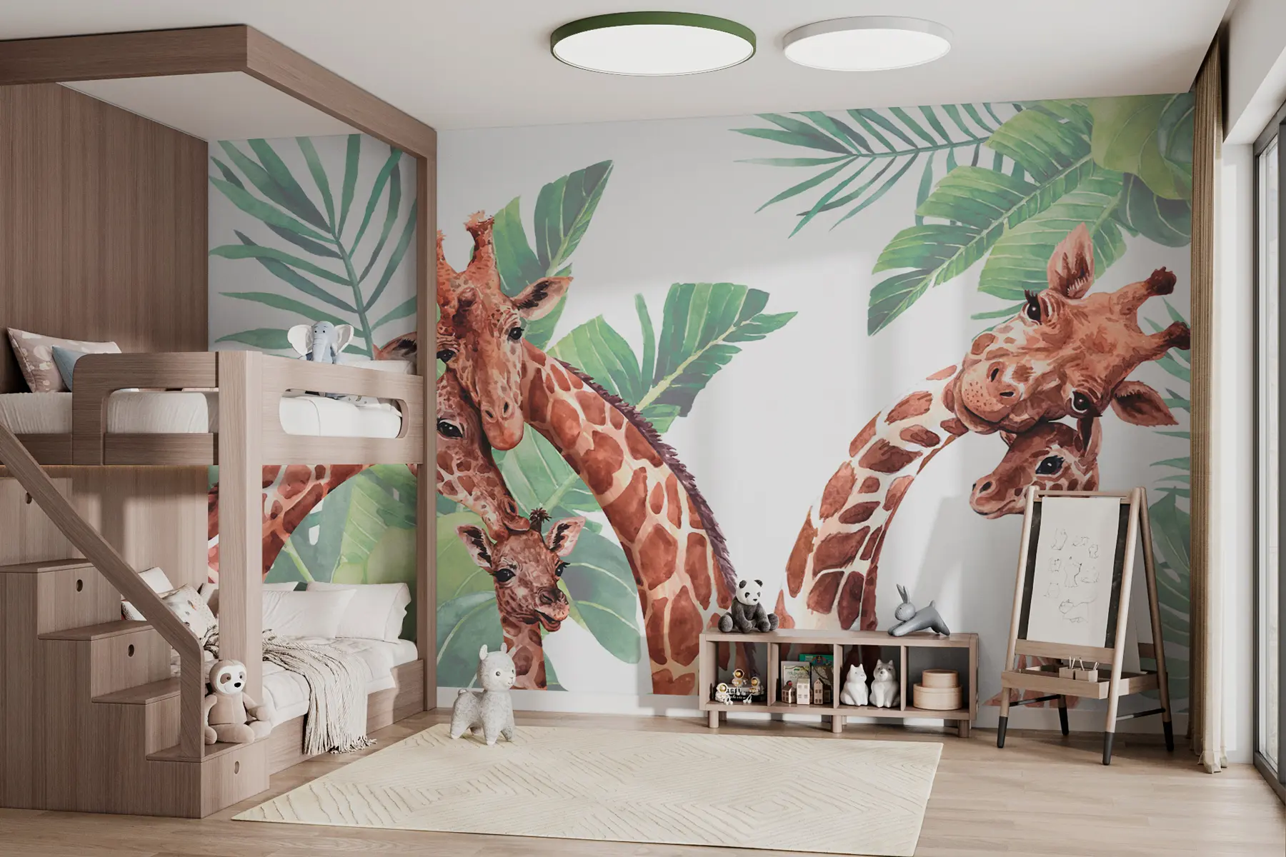 murais de parede Família de girafas em desenho animado e folhas de palmeira sobre um fundo branco w00140v3