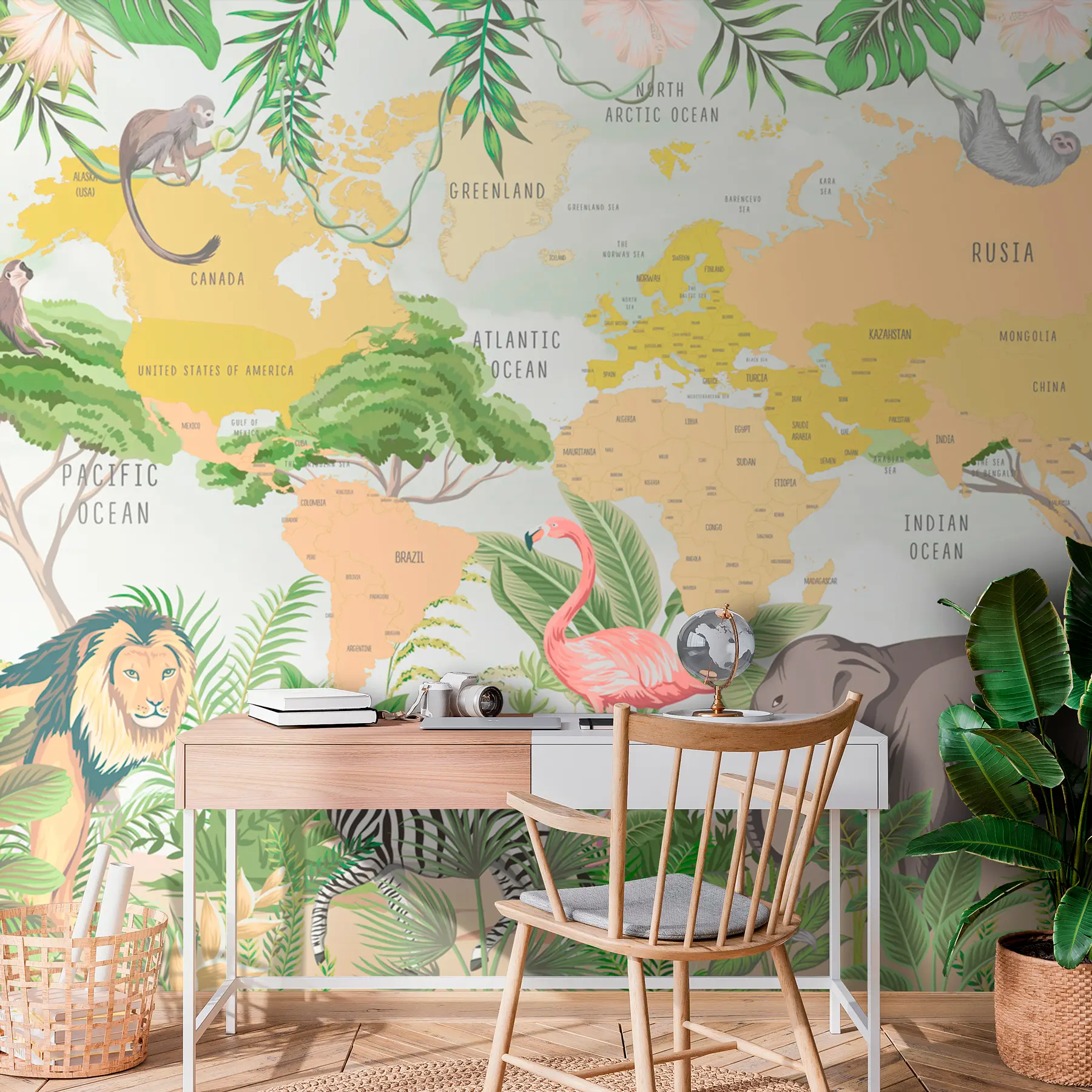 murais de parede Mapa-mundo infantil em estilo tropical Selva e animais w00373