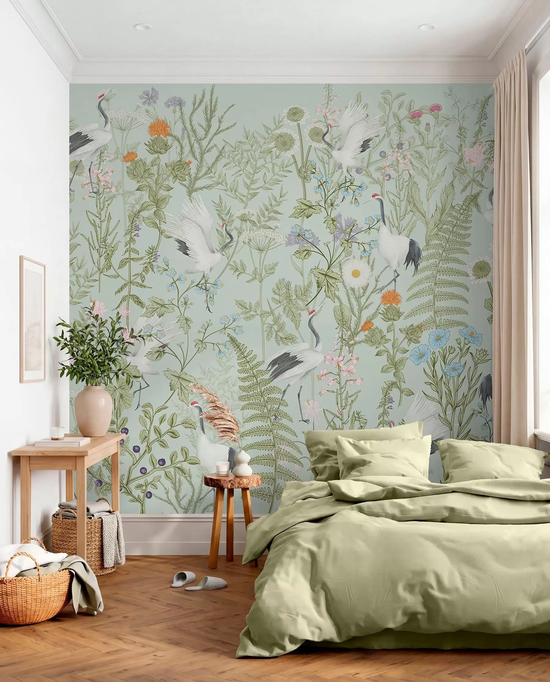 murais de parede Ornamento de flores com pássaros, estilo rústico, botânico, prado, fundo azul w00380v4