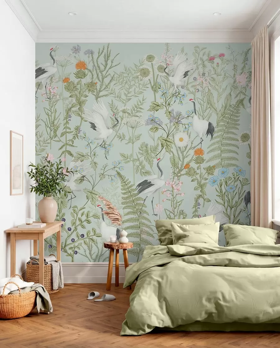 murais de parede Ornamento de flores com pássaros, estilo rústico, botânico, prado, fundo azul w00380v4