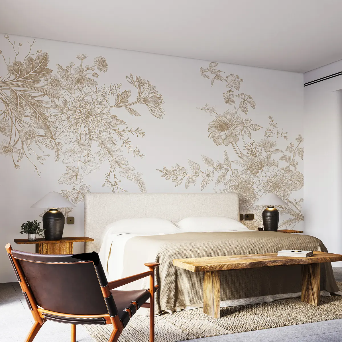 murais de parede Ornamento floral, minimalismo, arte de linhas, estilo boho, rústico, peónia, margarida, cores bege, prado w00381v4