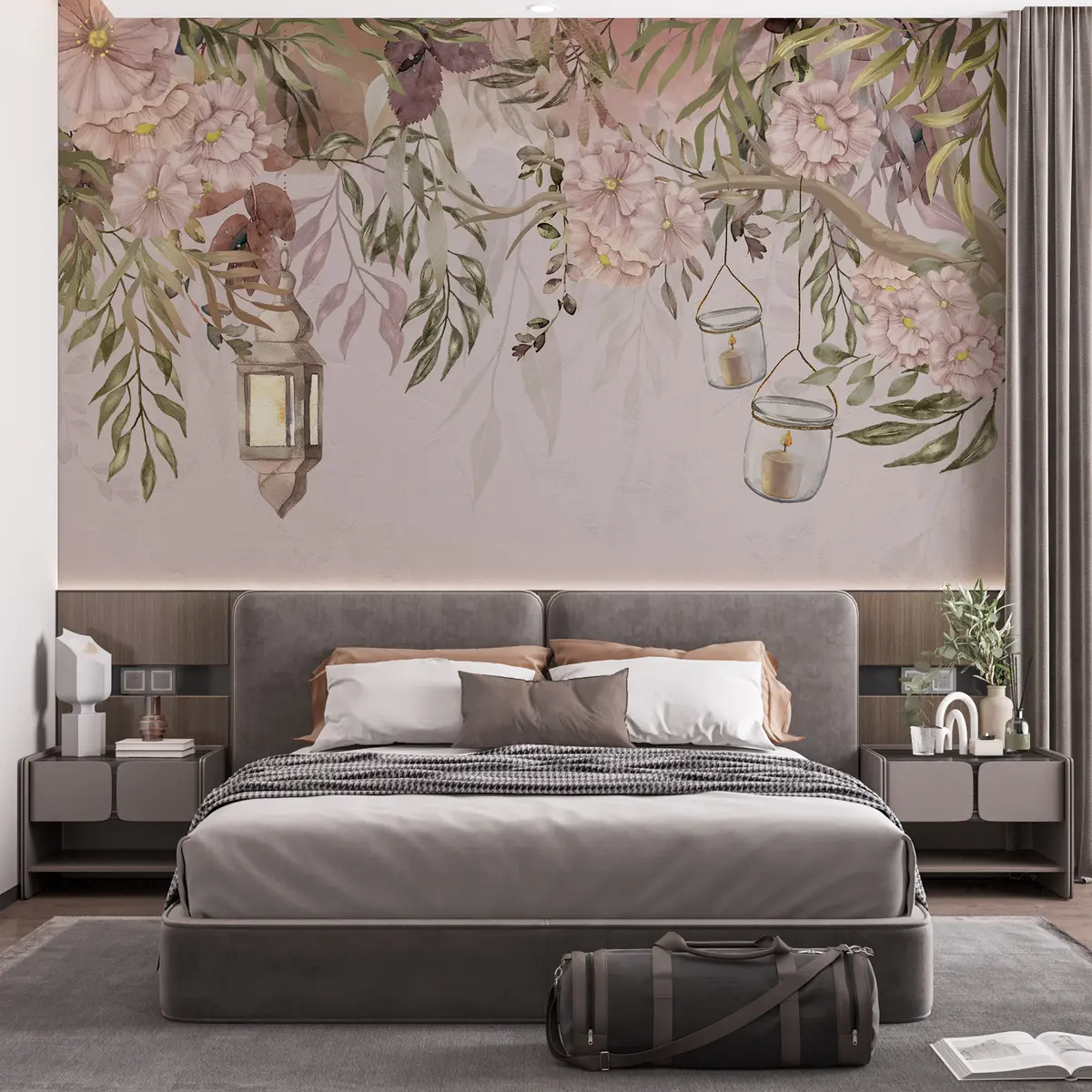 murais de parede Flores delicadas e galhos verdes pendurados para baixo w00384