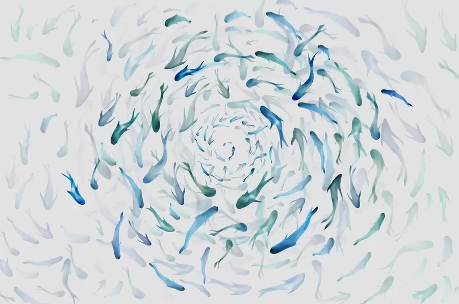 murais de parede Peixe girando em um redemoinho, dança de peixe, aquarela, tubarão, composição abstrata, minimalismo, azul, cor verde w00510