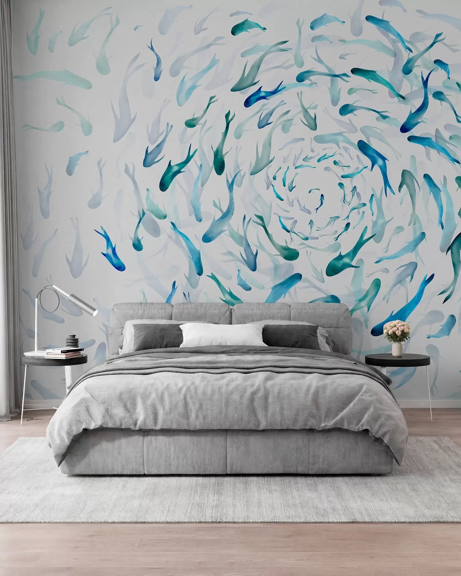 murais de parede Peixe girando em um redemoinho, dança de peixe, aquarela, tubarão, composição abstrata, minimalismo, azul, cor verde w00510
