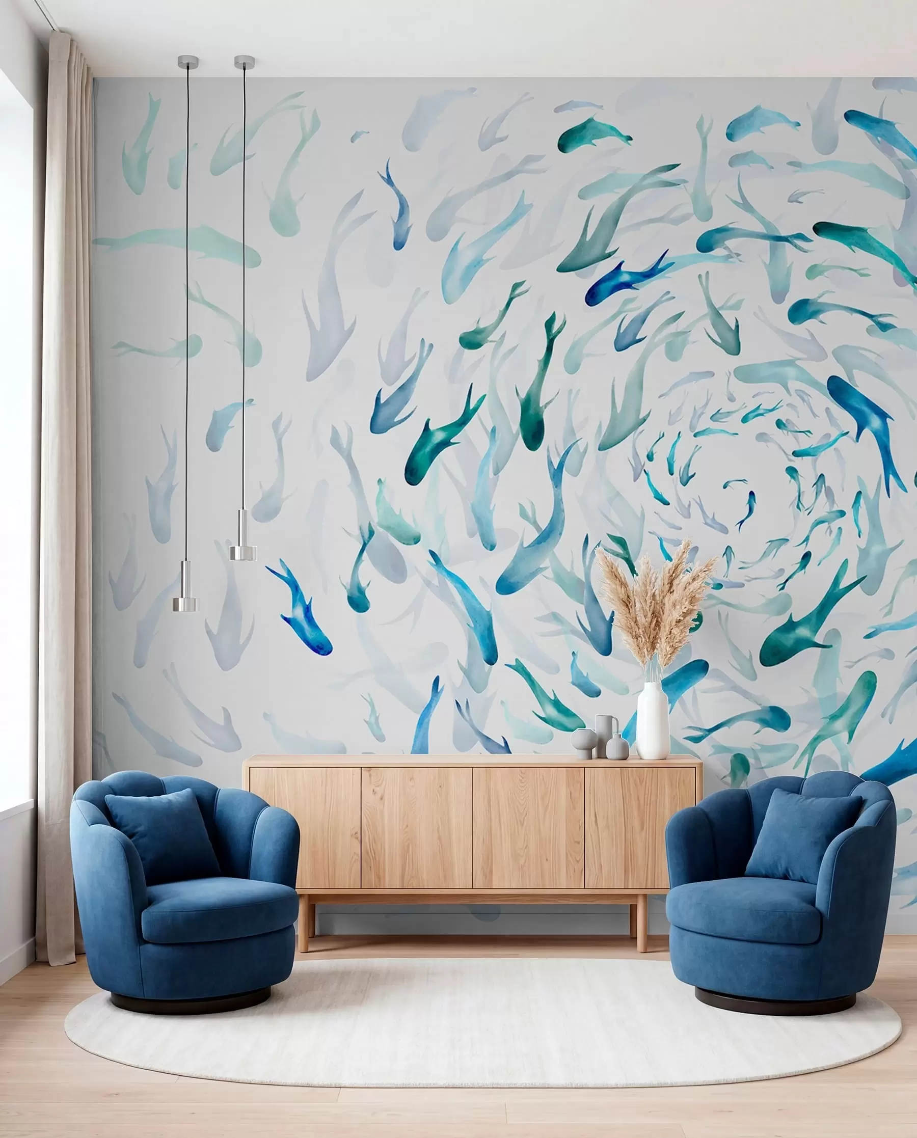 murais de parede Peixe girando em um redemoinho, dança de peixe, aquarela, tubarão, composição abstrata, minimalismo, azul, cor verde w00510