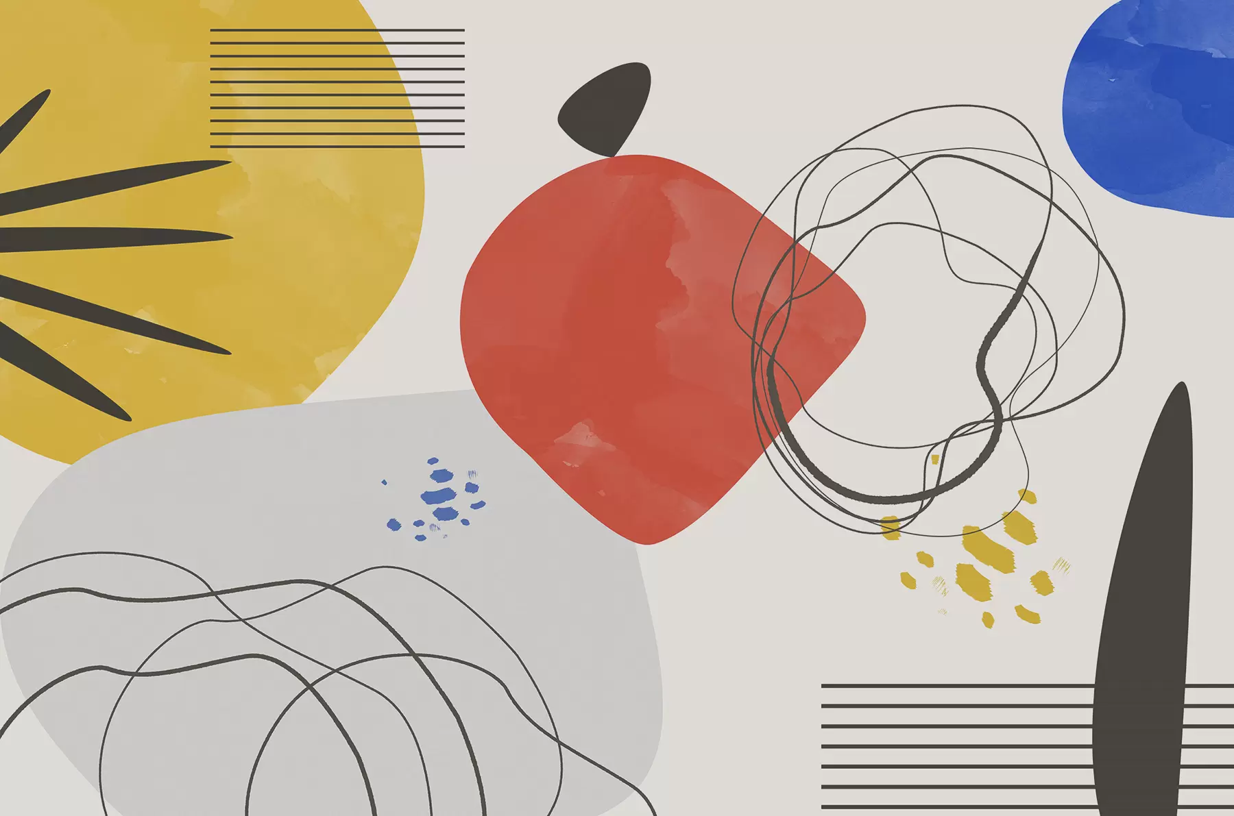 murais de parede Abstração moderna, ponto brilhante, boho, geometria, topografia, curvas, linhas, vermelho, amarelo, azul, preto w00514