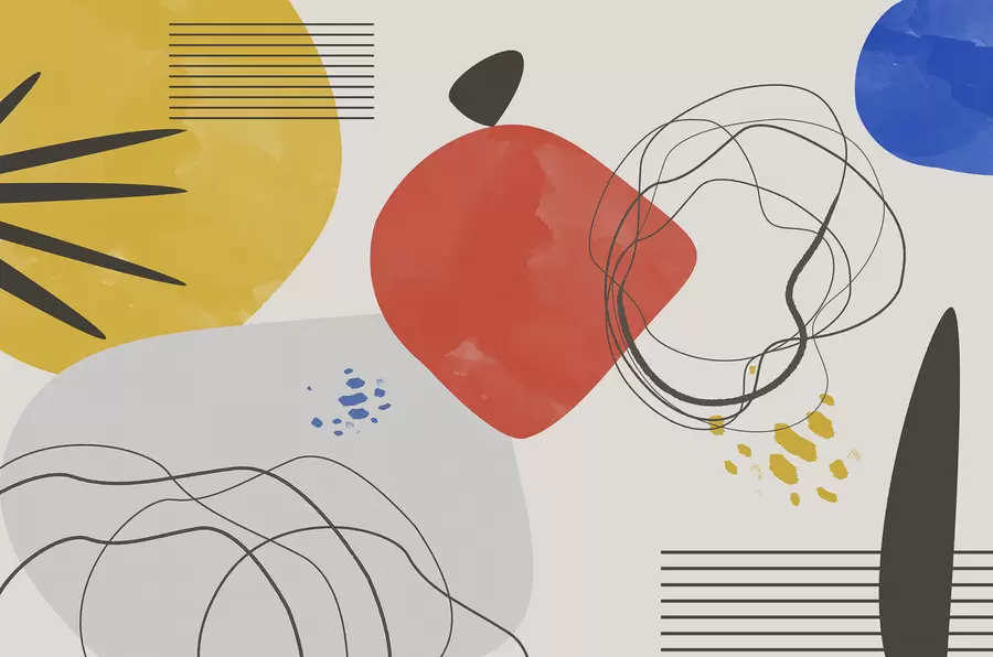 murais de parede Abstração moderna, ponto brilhante, boho, geometria, topografia, curvas, linhas, vermelho, amarelo, azul, preto w00514