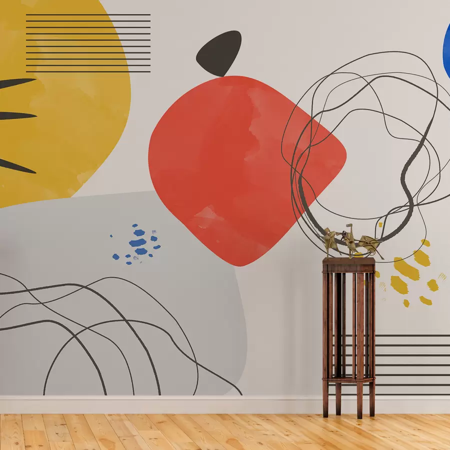 murais de parede Abstração moderna, ponto brilhante, boho, geometria, topografia, curvas, linhas, vermelho, amarelo, azul, preto w00514