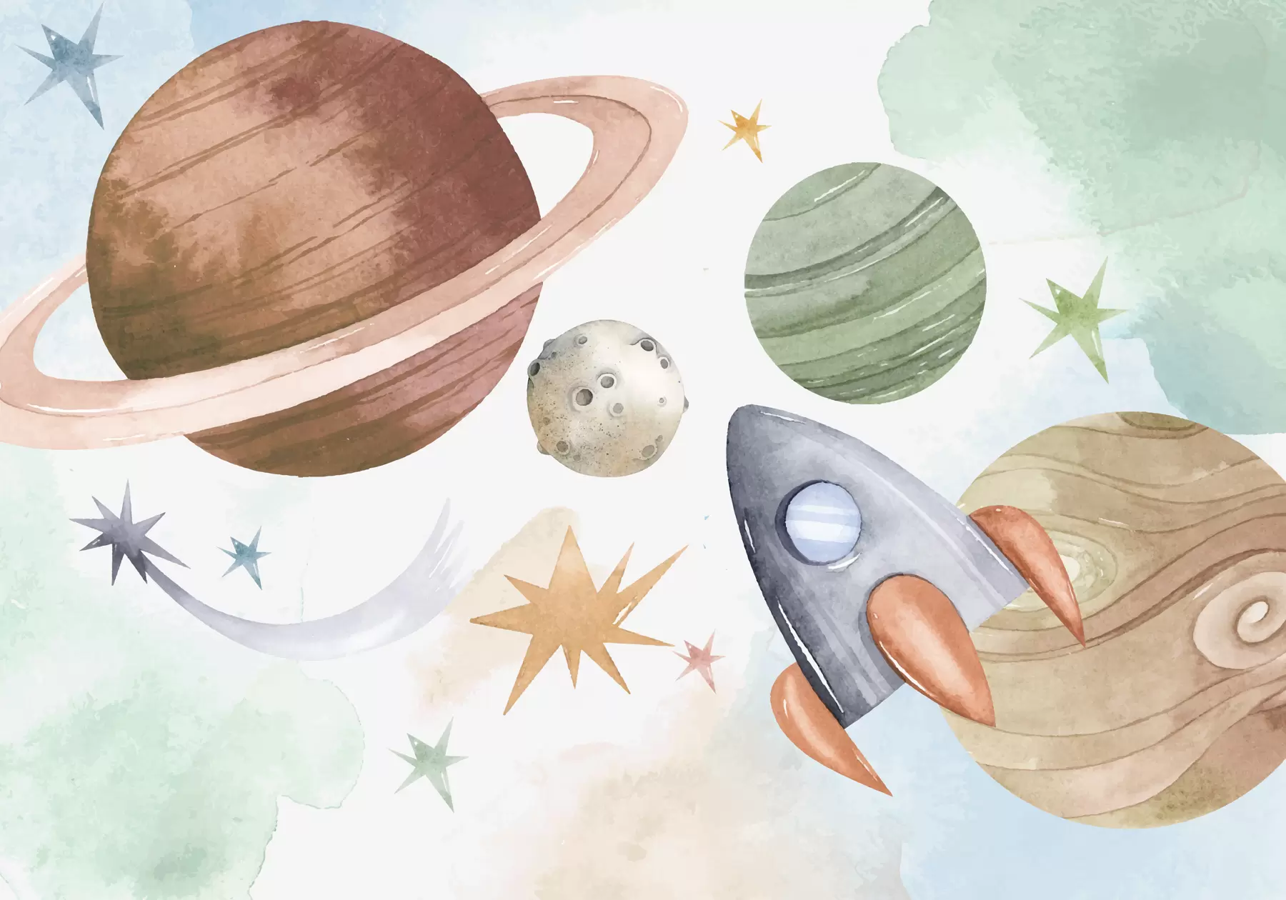 murais de parede Uma ilustração colorida representando vários planetas e aquarela espacial w00539