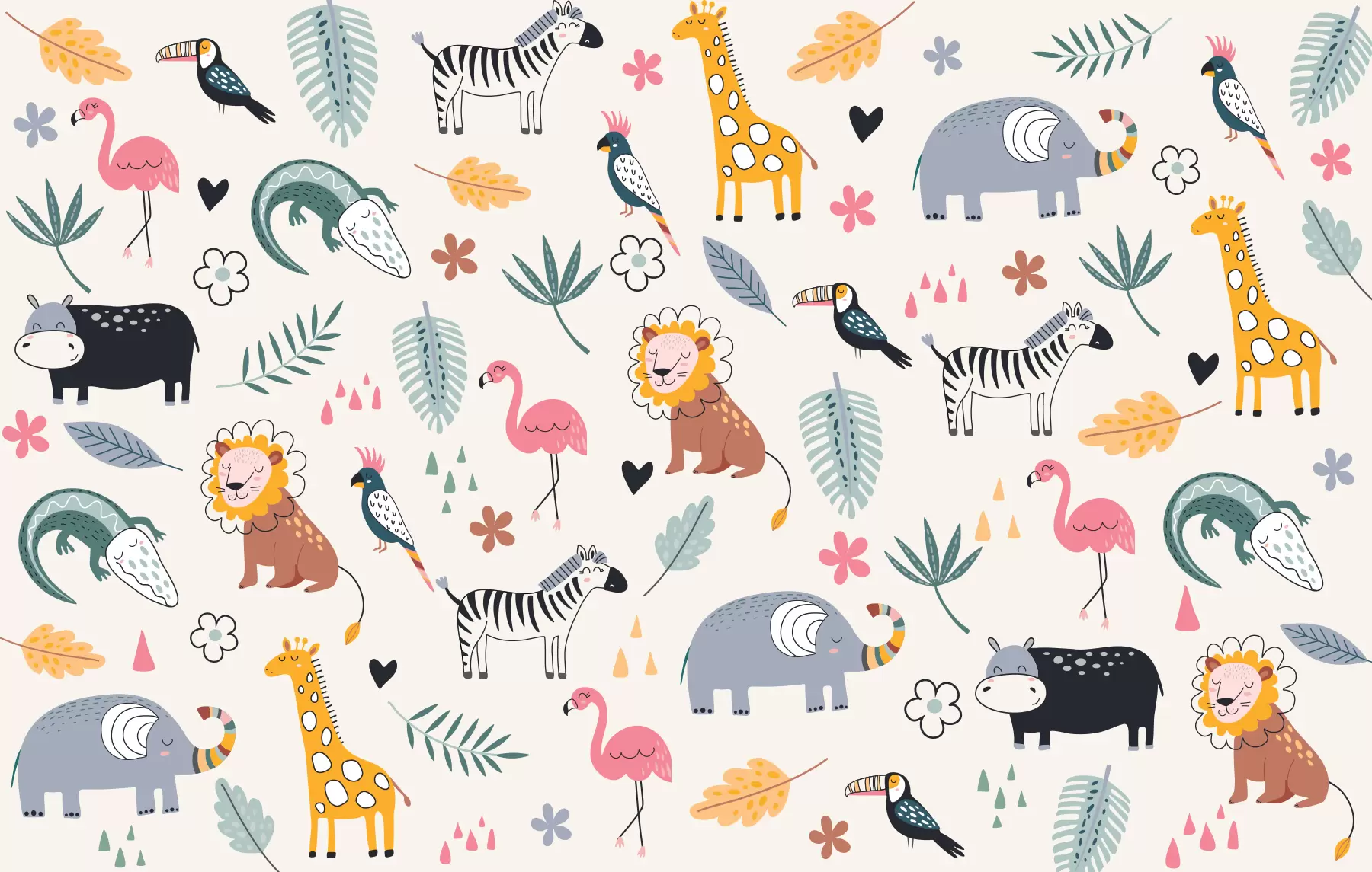 murais de parede animais, leões, girafas, elefantes, folhas, quarto de bebê w00555