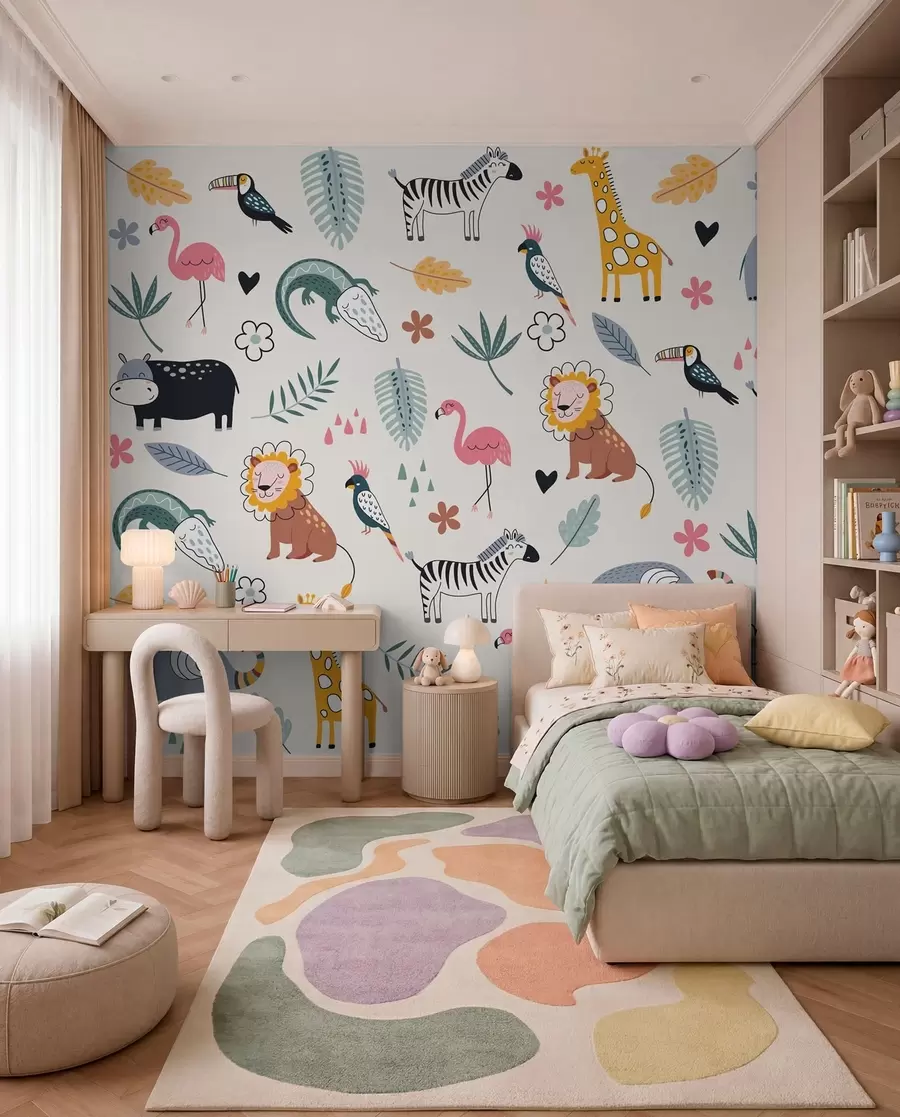 murais de parede animais, leões, girafas, elefantes, folhas, quarto de bebê w00555