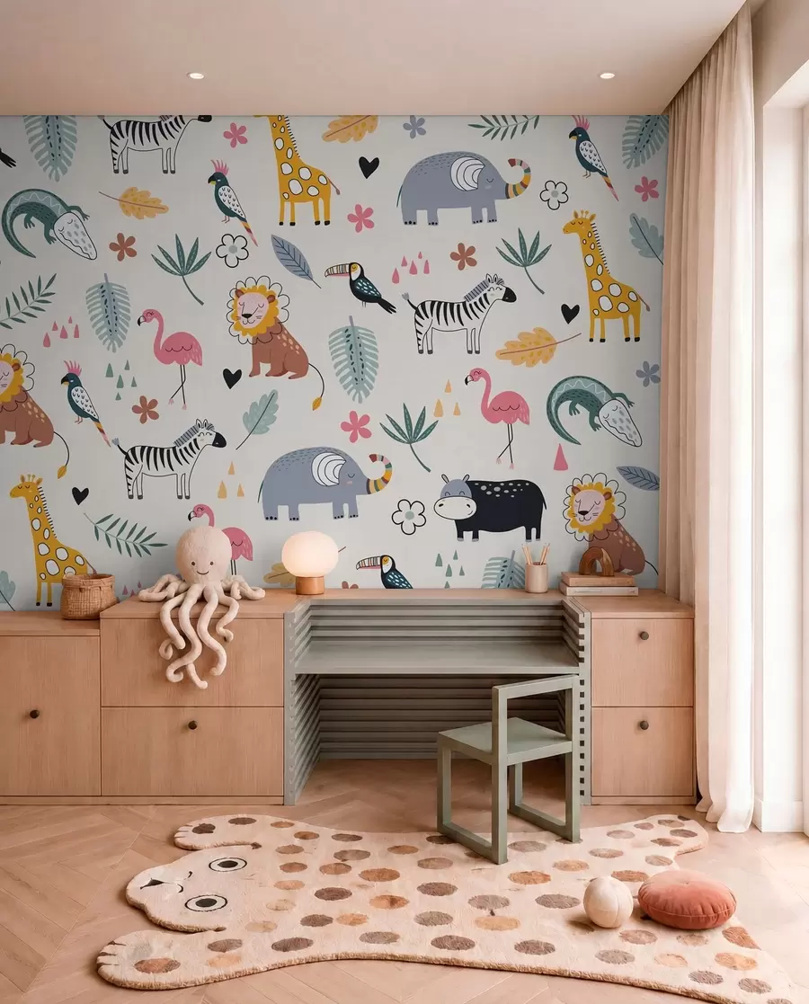 murais de parede animais, leões, girafas, elefantes, folhas, quarto de bebê w00555