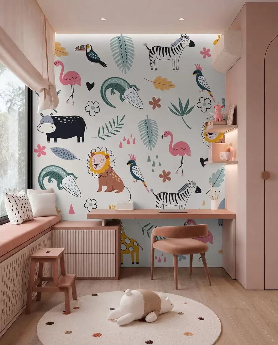 murais de parede animais, leões, girafas, elefantes, folhas, quarto de bebê w00555