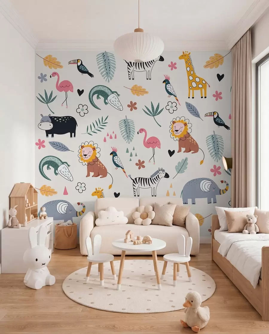 murais de parede animais, leões, girafas, elefantes, folhas, quarto de bebê w00555