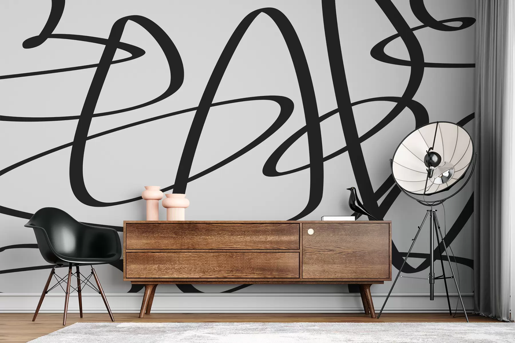 murais de parede Linha torcida contínua curva preta, tinta, abstrato w00583