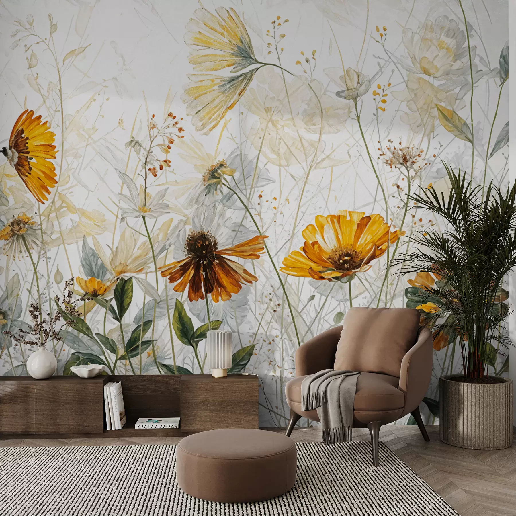 murais de parede Um campo de flores vibrantes contra um fundo suave e nebuloso com delicadas flores brancas e grama fina w00708