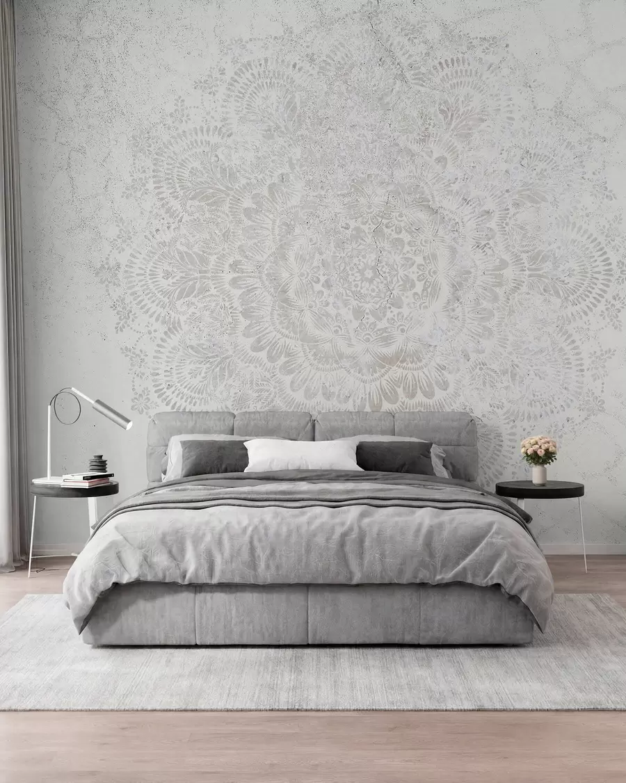 murais de parede Mandala, padrão de renda branca com motivos florais e circulares, criando um design delicado e intrincado w00737