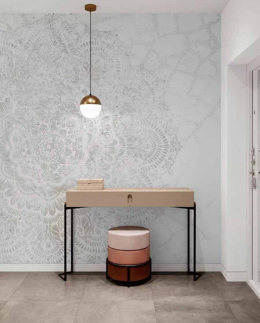 murais de parede Mandala, padrão de renda branca com motivos florais e circulares, criando um design delicado e intrincado w00737