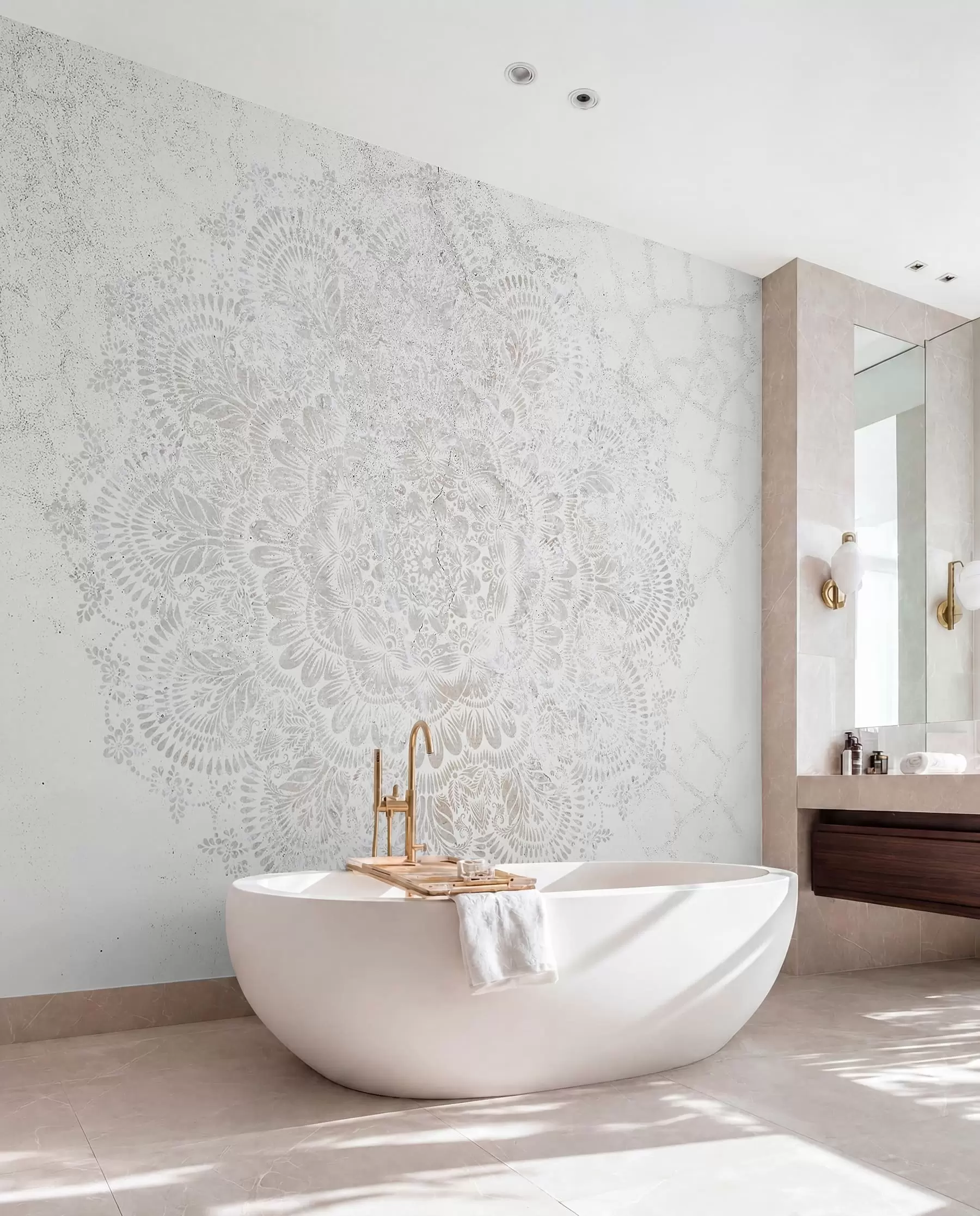 murais de parede Mandala, padrão de renda branca com motivos florais e circulares, criando um design delicado e intrincado w00737