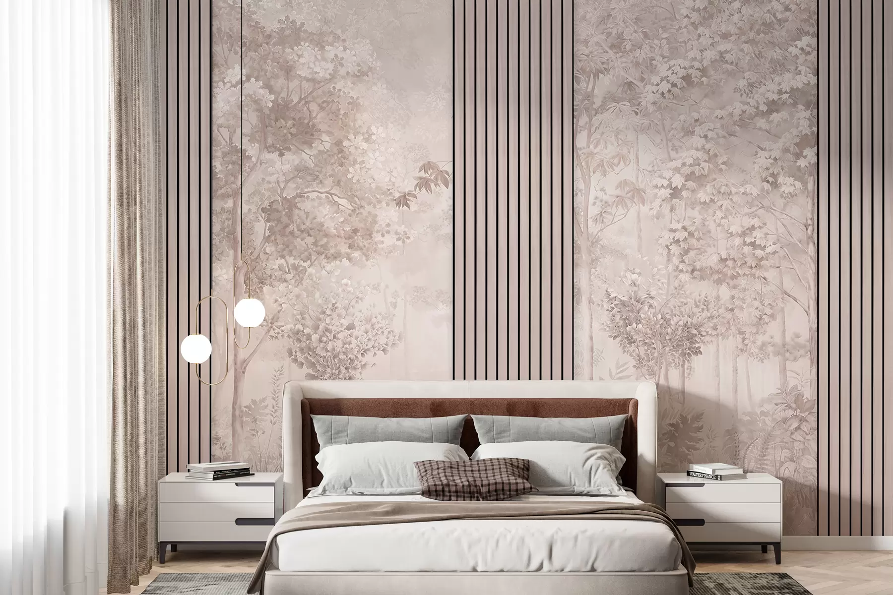 murais de parede Painéis de madeira e floresta delicada em tons rosa w00670v1