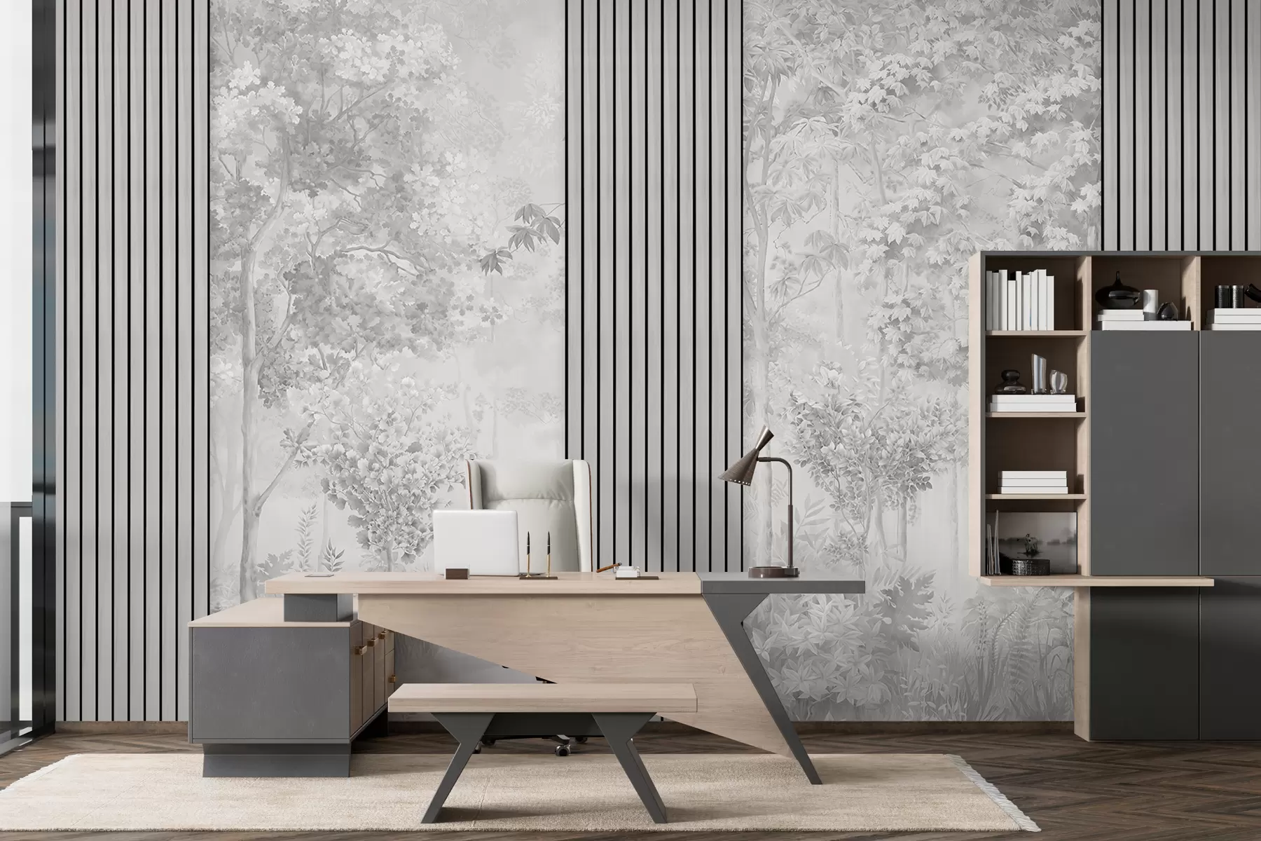 murais de parede Painéis de madeira e floresta delicada em tons de cinza w00670v3