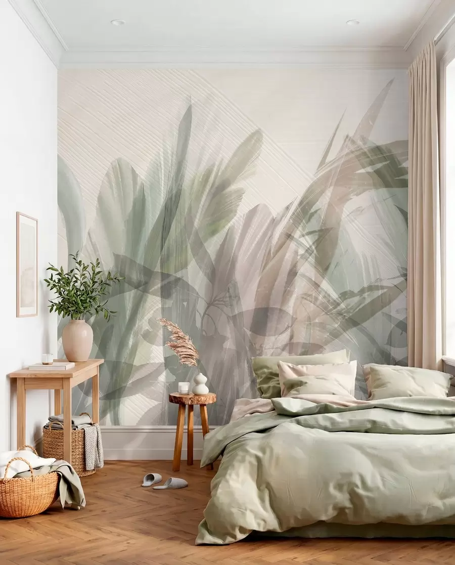 murais de parede Multicomposição abstrata de folhas tropicais borradas, semelhantes a grama, em tons de verde claro e cinza w00798