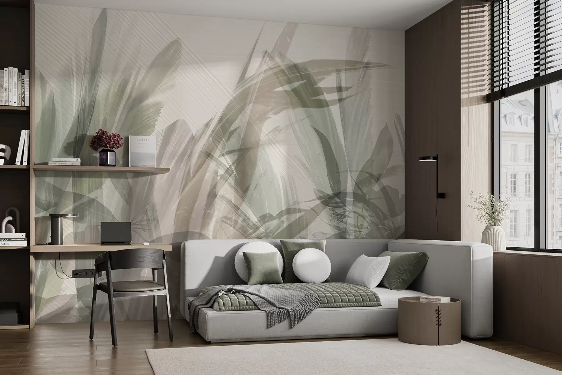 murais de parede Multicomposição abstrata de folhas tropicais borradas, semelhantes a grama, em tons de verde claro e cinza w00798