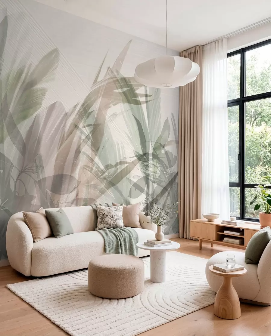 murais de parede Multicomposição abstrata de folhas tropicais borradas, semelhantes a grama, em tons de verde claro e cinza w00798