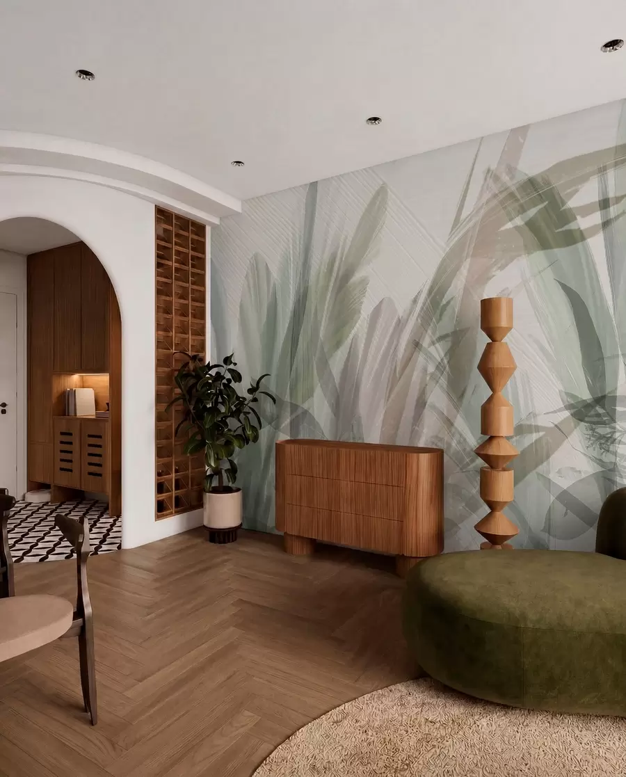 murais de parede Multicomposição abstrata de folhas tropicais borradas, semelhantes a grama, em tons de verde claro e cinza w00798