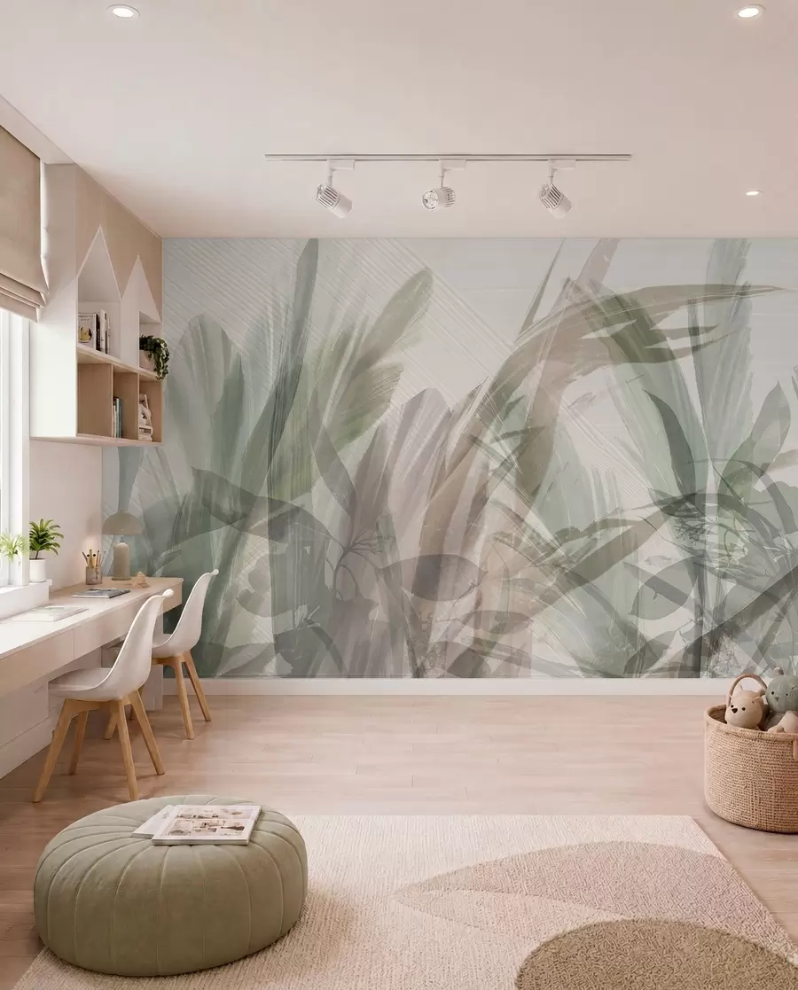murais de parede Multicomposição abstrata de folhas tropicais borradas, semelhantes a grama, em tons de verde claro e cinza w00798