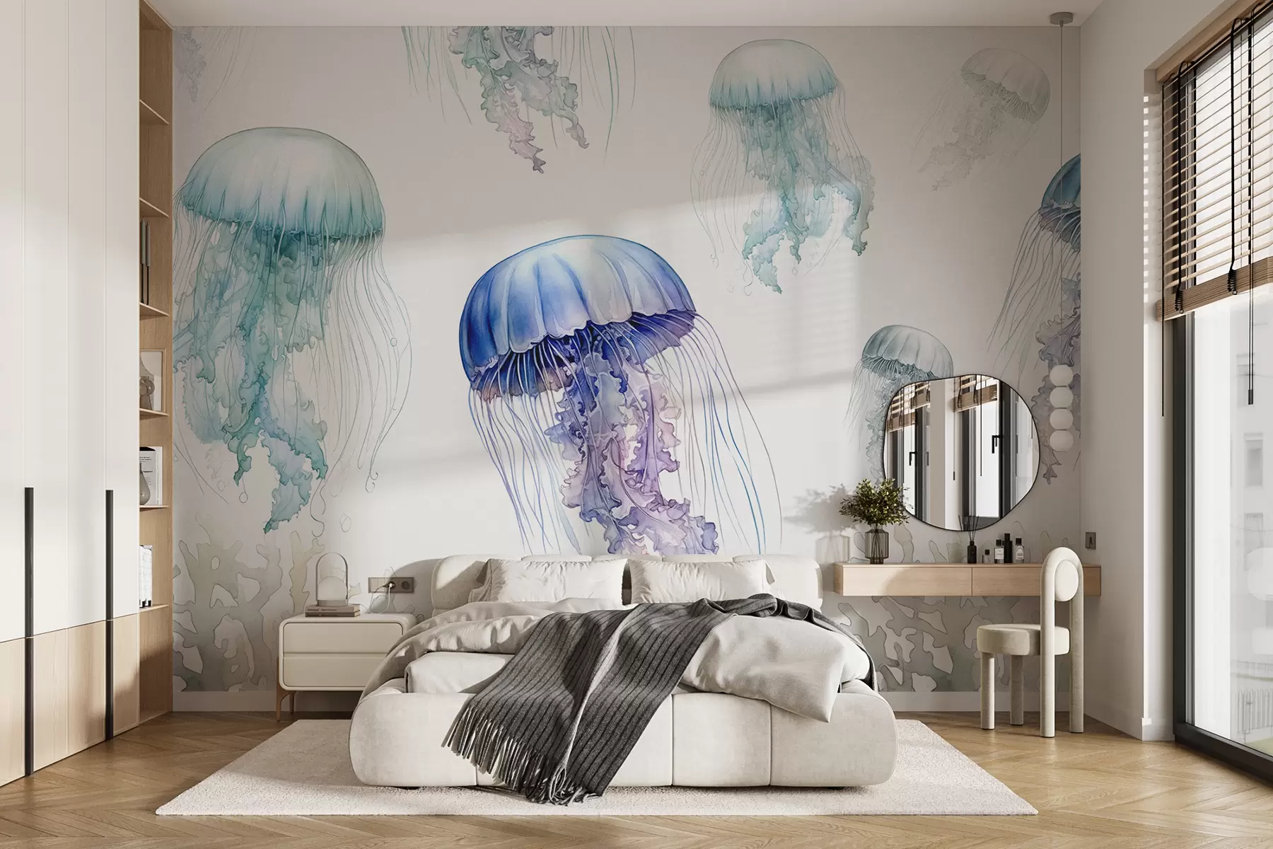 murais de parede Medusa do mar, aquarela, cinza, azul, vermelho w00820